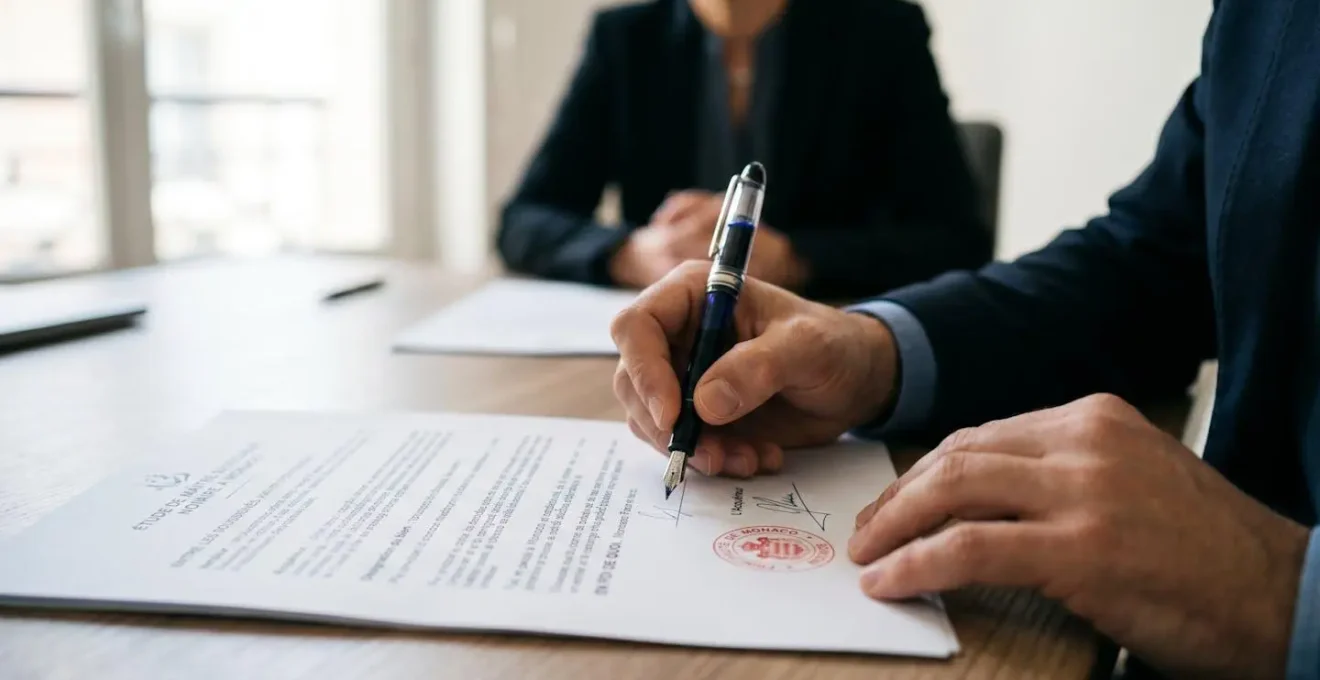 Mains d'un acquéreur signant un acte notarié immobilier à Monaco dans un bureau de notaire, document officiel avec cachets visibles