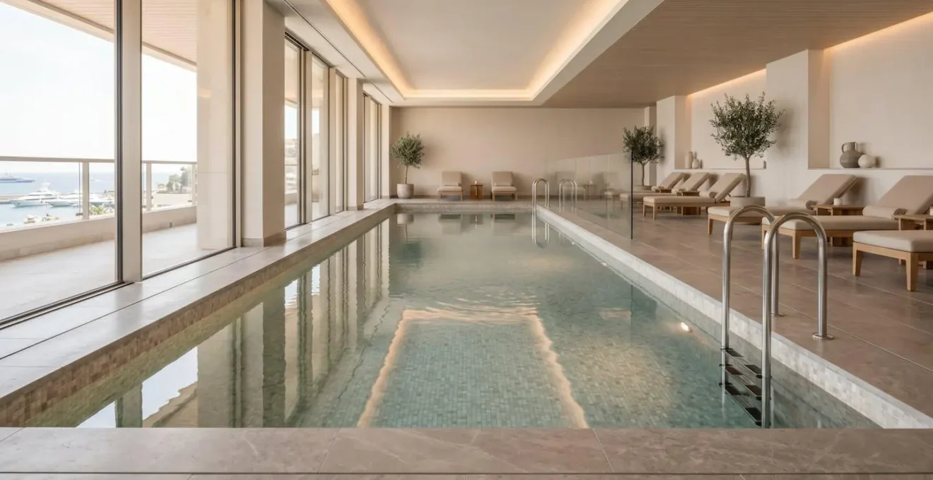 Piscine intérieure chauffée d'une résidence de prestige à Monaco, bassin rectangulaire design avec carrelage haut de gamme et baies vitrées laissant entrer la lumière naturelle