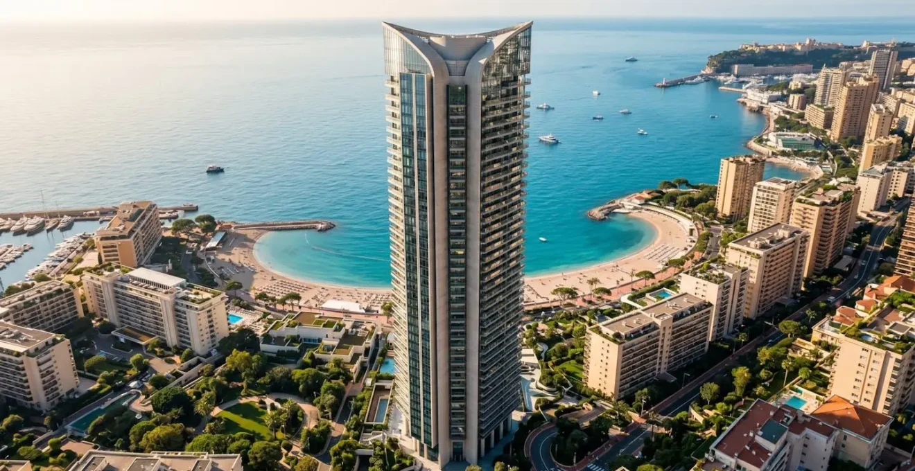 Vue aérienne de la Tour Odéon dominant le quartier Larvotto à Monaco, tour résidentielle de 49 étages avec façade moderne, plages et mer Méditerranée en arrière-plan
