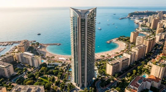 Vue aérienne de la Tour Odéon dominant le quartier Larvotto à Monaco, tour résidentielle de 49 étages avec façade moderne, plages et mer Méditerranée en arrière-plan